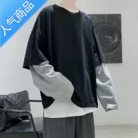 喻娄小众原创t恤男落肩长袖早秋oversize无帽卫衣美式假两件外套T恤