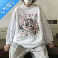 喻娄玫瑰印花长袖T恤男秋季薄款美式复古ins高街宽松圆领打底