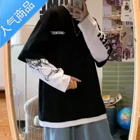 喻娄假两件长袖t恤男秋季潮流百搭打底衫潮牌卫衣ins港风春秋宽松衣服T恤