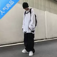 喻娄高街国潮破坏打底衫原创宽松下摆破洞叠穿内搭长袖t恤男潮ins秋装T恤