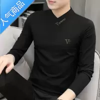 喻娄2022春秋男士长袖T恤打底衫字母刺绣半高V领加绒加厚内搭卫衣男潮