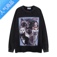 喻娄美式复古水洗做旧猫咪印花黑色长袖高街T恤男女休闲宽松圆领上衣