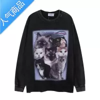 喻娄美式复古水洗做旧猫咪印花黑色长袖高街T恤男女休闲宽松圆领上衣