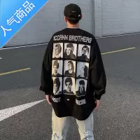 喻娄美式高街复古人像印花长袖T恤男ins国潮牌街头宽松欧美hiphop卫衣