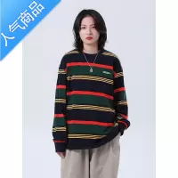 喻娄 320G双纱条纹长袖T恤男女圆领宽松上衣cityboy国潮