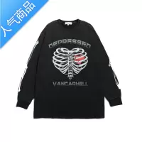 喻娄高街复古水洗做旧骨架爱心印花长袖T恤男女oversize宽松美式上衣