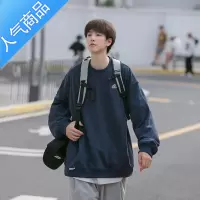 喻娄日系cityboy藏青色卫衣男潮ins无帽圆领长袖t恤oversize外套T恤