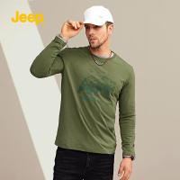 JEEP SPIRIT 吉普2021秋季男士潮圆领白色宽松印花户外美式运动长袖T恤男
