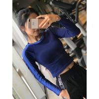 健身女孩显瘦条纹紧身运动长袖瑜伽服跑步速干短款露脐上衣T恤新