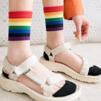 凉鞋袜子女夏季薄款彩虹条纹中筒袜ins潮水晶玻璃丝长袜透明超薄