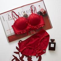 红色蕾丝内衣套装本命年结婚新娘女无钢圈收副乳防下垂鼠年文胸罩