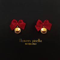 红色蝴蝶结铃铛纯银耳钉耳夹无耳洞耳饰少女可爱甜美简约网红