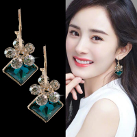 高级感方块蓝水晶耳环2020年新款潮长款花朵耳坠韩国气质网红耳饰