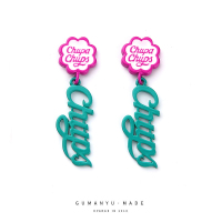 古鳗鱼 原创设计自制chupa chups耳钉 珍宝珠棒棒糖英文瓶盖耳饰