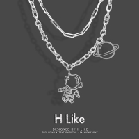 原创简约线条宇航员项链吊坠饰品嘻哈潮双层叠链卫衣男女情侣钛钢