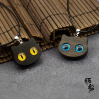 猫眼吊坠项链手工原创设计饰品送男女友生日创意檀木镶嵌