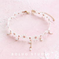 粉雏菊蕾丝锁骨链网红同款花朵珍珠脖子饰品颈带韩国装饰项链配饰