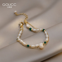 复古优雅珍珠手链女小众设计首饰闺蜜女生夏季手镯祖母绿水晶饰品