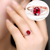 玫瑰金红宝石戒指女款蓝水晶银戒指开口时尚钻戒简约装饰品