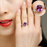 天然彩宝紫水晶戒指女纯银白金宝石戒指女款开口可调节戒子装饰品