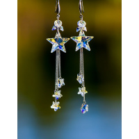 遥远星空S925银饰品设计感水晶耳环长款星星流苏耳坠气质耳饰