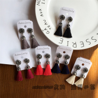 BY日韩版复古摩洛哥风棉线须须流苏水钻耳环耳钉时尚气质耳饰品