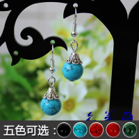 厂家直销云南民族饰品复古藏银耳环蓝松石花托藏族耳环耳坠R119