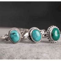 尼泊尔手工925银饰品开口指环女镶嵌绿松石戒指女 创意复古民族风