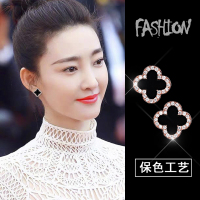 四叶草耳钉女纯银高级感2021年新款潮气质耳饰品夏季小众黑色耳环