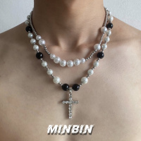 镶钻皓石项链男女ins嘻哈 复古珍珠双层叠戴个性中性风饰品