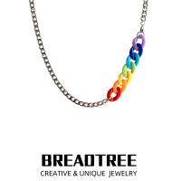 BREADTREE饰品 简约嵌入彩虹钛钢项链男女嘻哈卫衣链百搭吊坠潮