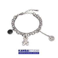 KANSAI新款格纹小熊笑脸钛钢双层叠戴手链冷淡风日韩嘻哈时尚饰品