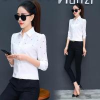 女士衬衫中长款长袖雪纺休闲款白寸衫女款半袖白衬衫宽松韩版学生2020春装新款圆点拼接雪纺衬衫女女装韩版修身女白衬衣长袖打