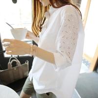 女士衬衫中长款长袖雪纺休闲款白寸衫女款半袖白衬衫宽松韩版学生95大码宽松显瘦镂空百搭白衬衣女中长款chic韩版衬衫女[