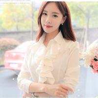 女士衬衫中长款长袖雪纺休闲款白寸衫女款半袖白衬衫宽松韩版学生春季韩范花边领雪纺白衬衫女长袖 职业装打底衬衣修身荷叶边上衣