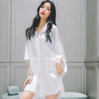 女士衬衫中长款长袖雪纺休闲款白寸衫女款半袖白衬衫宽松韩版学生睡衣女春春雪纺性感中长款宽松大码白衬衫夜店韩版衬衣薄款睡裙夏