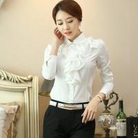 女士衬衫中长款长袖雪纺休闲款白寸衫女款半袖白衬衫宽松韩版学生秋季荷叶花边白色衬衫女长袖 职业工装修身雪纺衫打底衬衣工作服