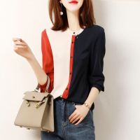 女士衬衫中长款长袖雪纺休闲款白寸衫女款半袖白衬衫宽松韩版学生撞色拼接雪纺衬衫女2020春夏秋装新款圆领开衫休闲时尚洋气薄