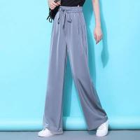 拖地裤女2020新款夏薄款高腰垂感显瘦显腿长直筒百搭休闲款潮流风铜氨丝阔腿裤女夏高腰垂感直筒裤冰丝缎面裤拖地休闲