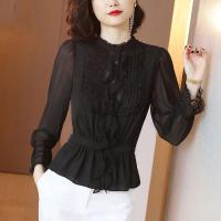 立领打底衫女2020新款内搭宽松洋气夏季薄款舒适时尚韩版修身百搭2020春夏季新款蕾丝雪纺宽松衬衣通勤OL立领黑色洋气打