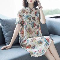 2020夏季新款仿真丝连衣裙立领中国风3D印花改良旗袍气质连衣长裙