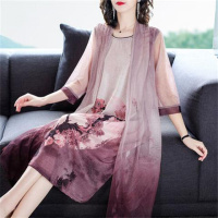 2020夏新款大码气质连衣裙假两件妈妈装韩版宽松显瘦遮肚印花裙女