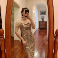 复古开叉裙子2020夏季新款改良版国风格子旗袍收腰直筒中长连衣裙