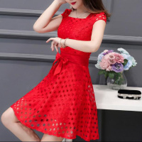 夏季中长款连衣裙女2020新款女装短袖蕾丝裙性感收腰显瘦大码裙子