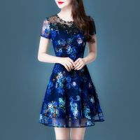 夏裙女2020夏季新款韩版蕾丝网纱刺绣收腰网纱连衣裙女短袖连衣裙