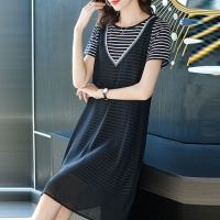 洋气 大码微胖mm条纹连衣裙2020夏装新款显瘦假两件雪纺裙