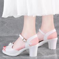 白色粗跟凉鞋女夏季2020新款韩版露趾高跟鞋百搭一字扣带中跟女鞋