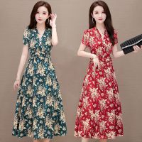 连衣裙女中长款2020夏季新款宽松大码洋气妈妈装短袖碎花长裙子夏