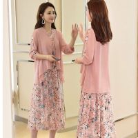 雪纺连衣裙两件套2020夏季新款潮中长款碎花裙子女夏宽松女装套装