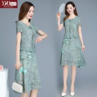 韩版雪纺连衣裙女2020新款妈妈夏季假两件印花中国风过膝连衣裙子